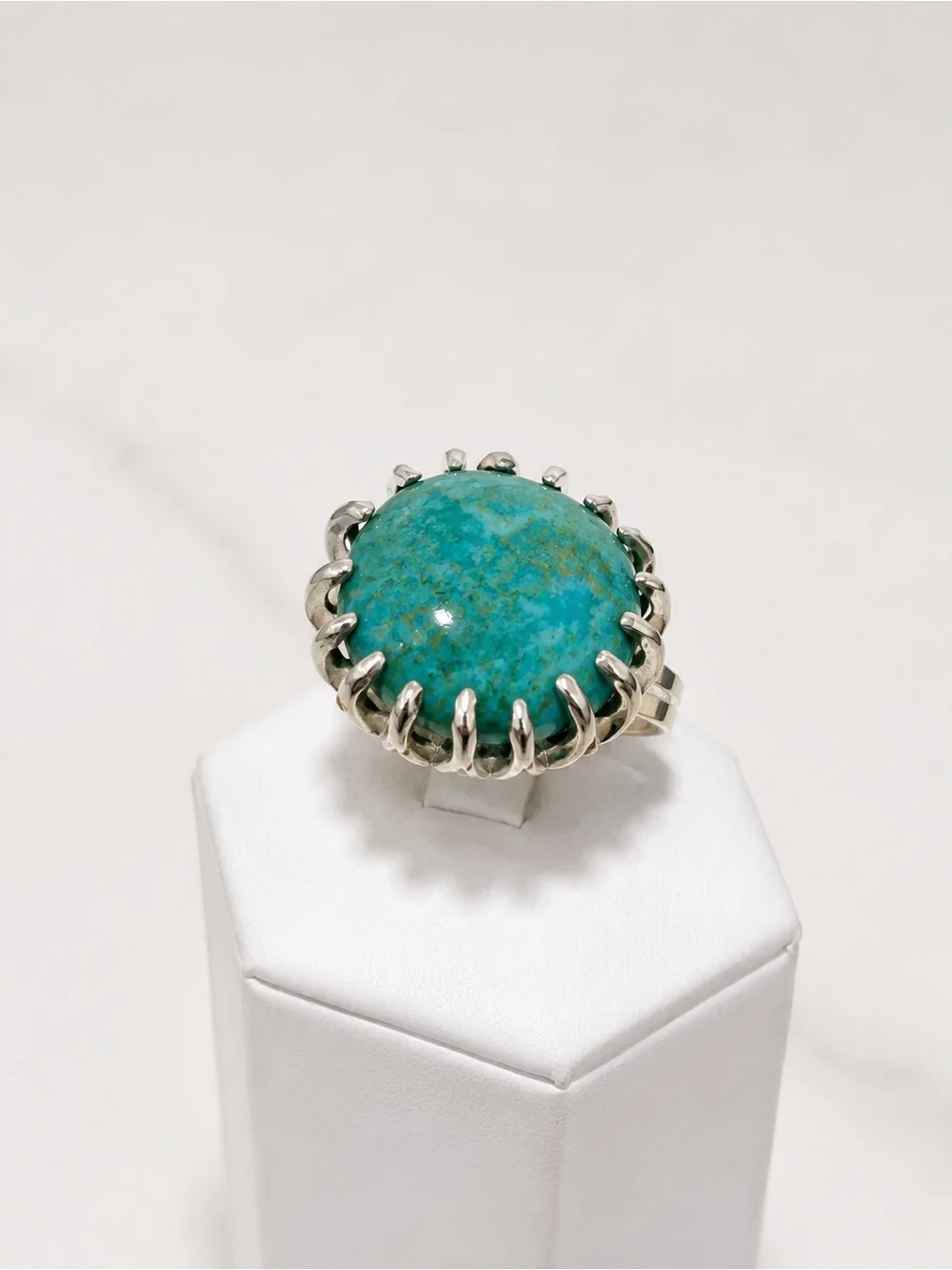 Turquoise Stone Silver Cocktail Ring - Blue Green Cabochon